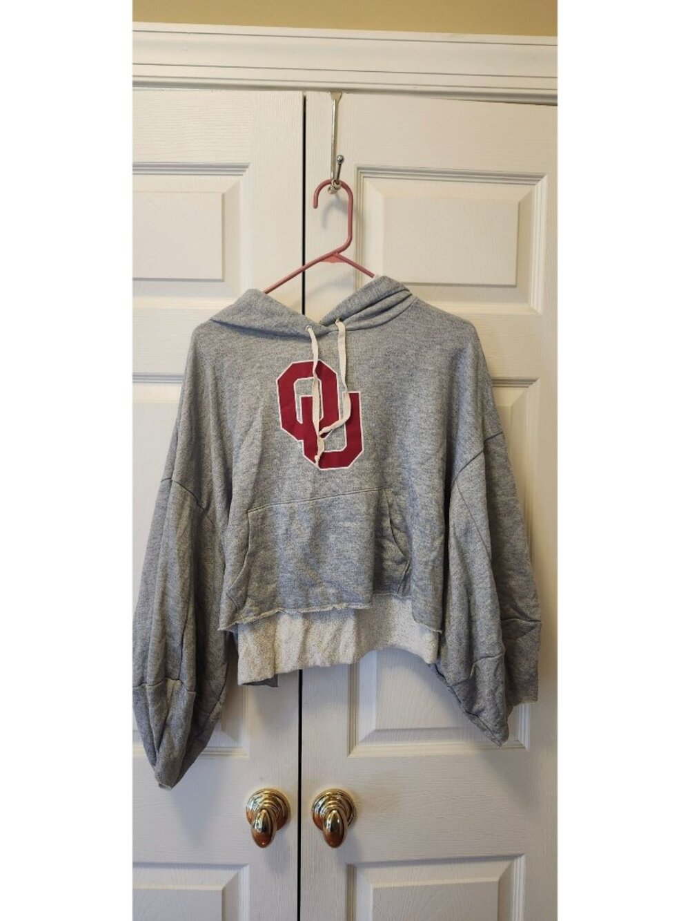 New Flying Colors Oklahoma University OU Gray Balloon Sleeve Crop Hoodie Size L